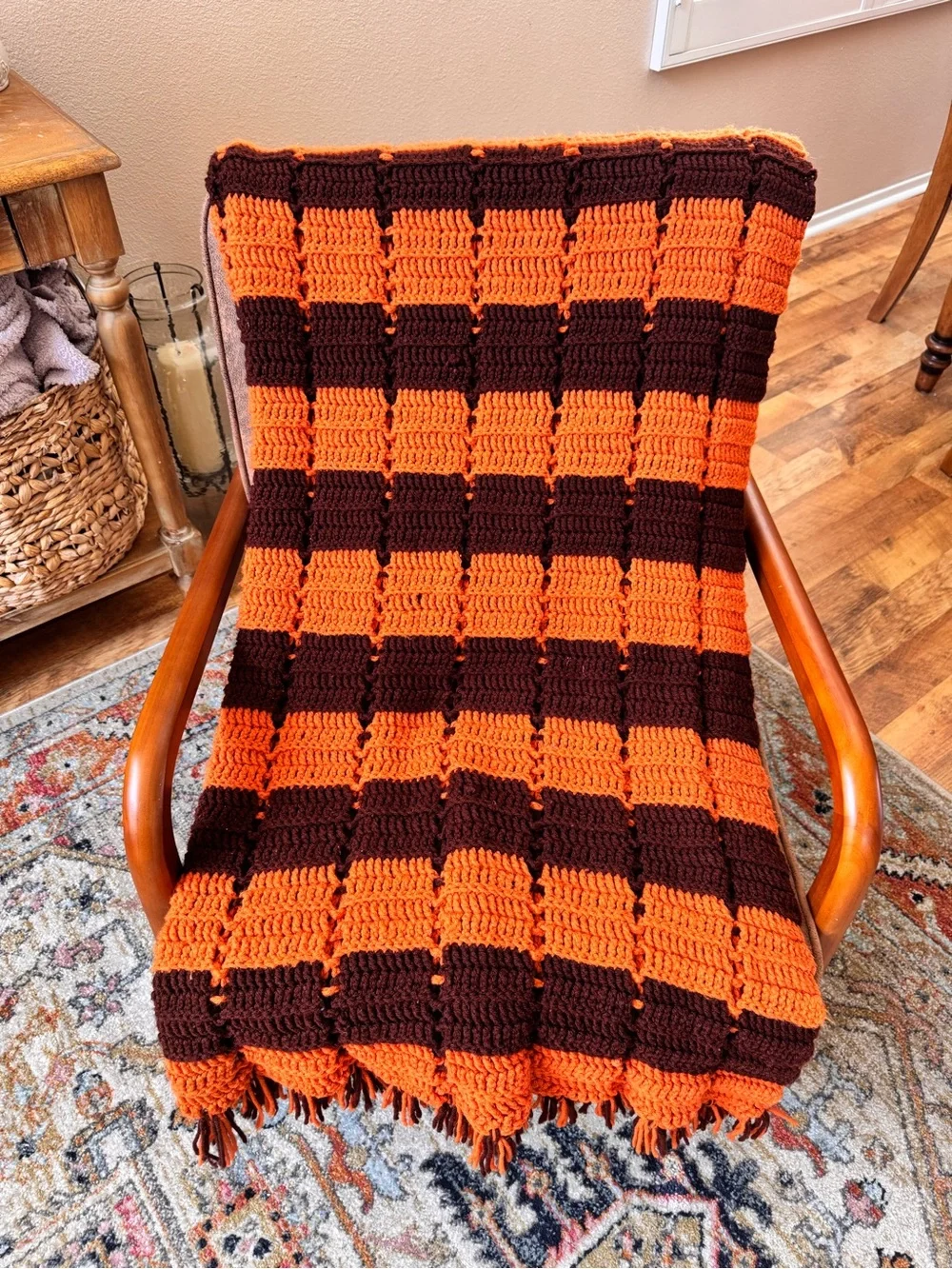 Handmade Orange and Brown Crochet Throw Blanket by